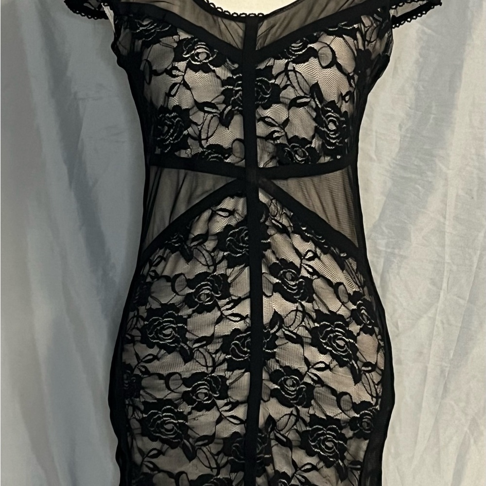 Poof Couture Black Lace Dress Sheer Floral Design